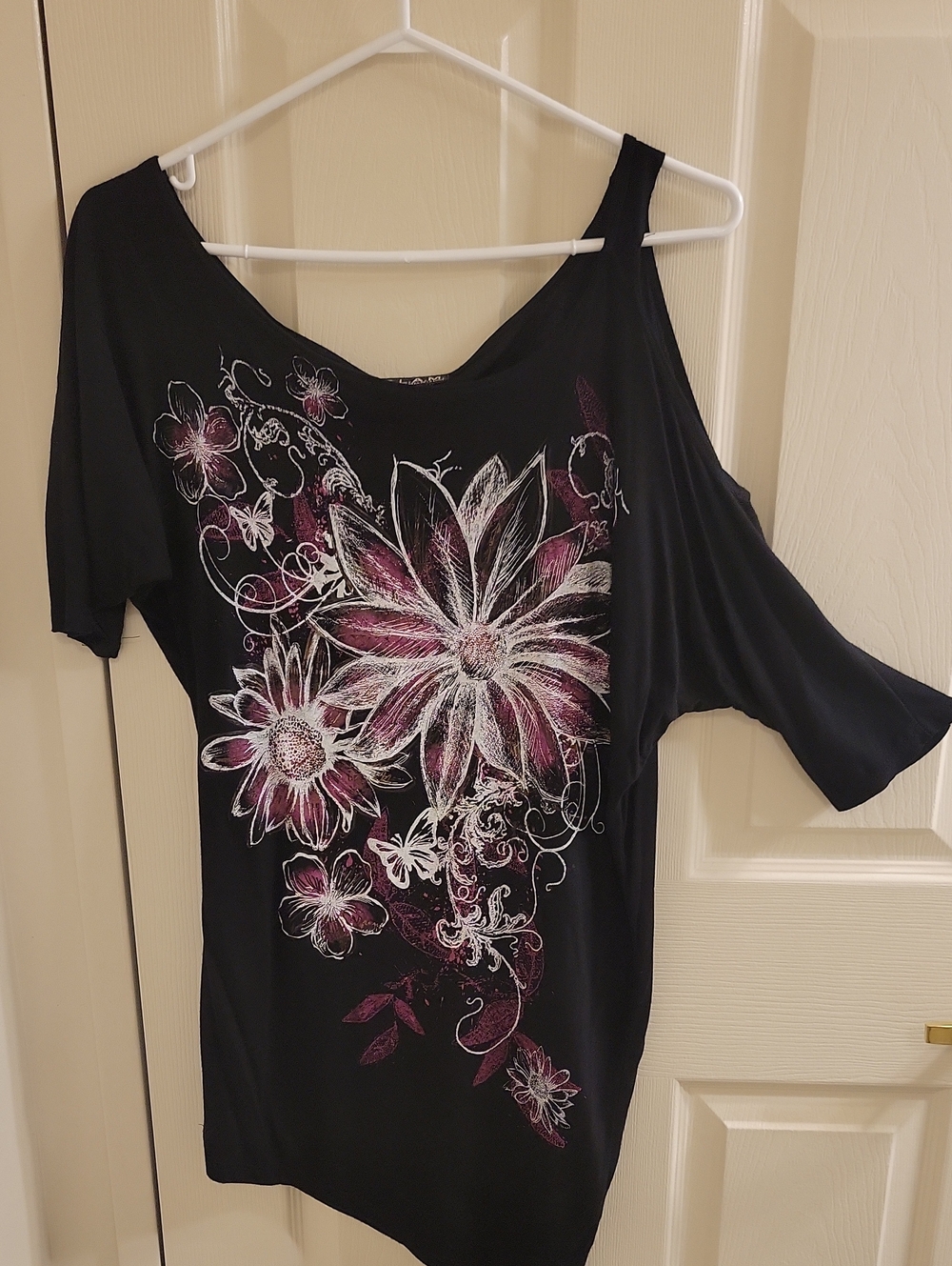 glam Black Cold Shoulder Tunic Floral with Purple Accents